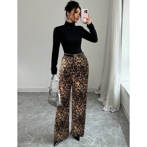 high rise leopard print wide leg pants denim jeans black brown dark - Picture 5 of 7